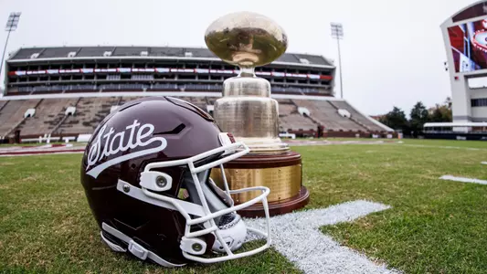 STARKVILLE, MS - November 23, 2023 - The Golden Egg Trophy during the game between the Ole Miss Rebels and the Mississippi State Bulldogs at Davis Wade Stadium at Scott Field in Starkville, MS. Photo By Mike Mattina