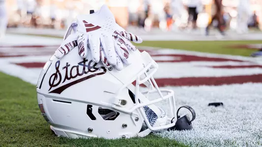 STARKVILLE, MS - September 09, 2023 - A Mississippi State Football Helmet before the game between the Arizona Wildcats and the Mississippi State Bulldogs at Davis Wade Stadium at Scott Field in Starkville, MS. Photo By Will Porada