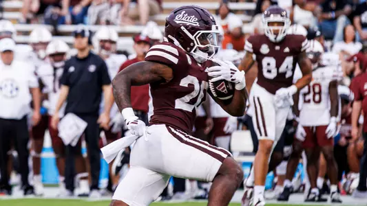 STARKVILLE, MS - November 02, 2024 - Mississippi State Running Back Johnnie Daniels (#20) during the game between the UMass Minute Men and the Mississippi State Bulldogs at Davis Wade Stadium at Scott Field in Starkville, MS. Photo By Mike Mattina