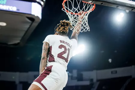 STARKVILLE, MS - November 04, 2024 - Mississippi State Guard Martavious Russell (#21) during the game between the West Georgia Wolves and the Mississippi State Bulldogs at Humphrey Coliseum in Starkville, MS. Photo By Mike Mattina