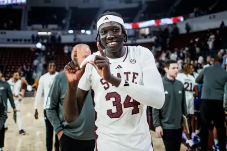 STARKVILLE, MS - November 04, 2024 - Mississippi State Center Gai Chol (#34) during the game between the West Georgia Wolves and the Mississippi State Bulldogs at Humphrey Coliseum in Starkville, MS. Photo By Mike Mattina