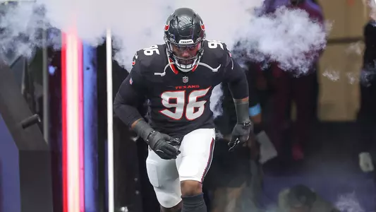 Oct 27, 2024; Houston, Texas, USA; Houston Texans defensive end Denico Autry (96) runs onto the field before the game against the Indianapolis Colts at NRG Stadium. Mandatory Credit: Troy Taormina-Imagn Images