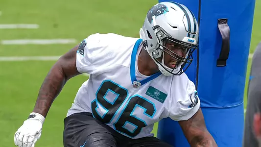 Jun 4, 2024; Charlotte, NC, USA; Carolina Panthers defensive tackle Jaden Crumedy (96) runs an agility drill during OTAs. Mandatory Credit: Jim Dedmon-USA TODAY Sports