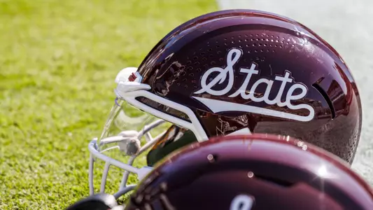 STARKVILLE, MS - October 26, 2024 - State Script Helmets during the game between the Arkansas Razorbacks and the Mississippi State Bulldogs at Davis Wade Stadium at Scott Field in Starkville, MS. Photo By Ivy Rose Ball