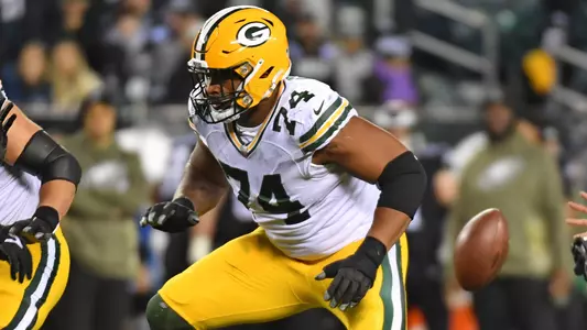 Nov 27, 2022; Philadelphia, Pennsylvania, USA; Green Bay Packers guard Elgton Jenkins (74) against the Philadelphia Eagles at Lincoln Financial Field. Mandatory Credit: Eric Hartline-USA TODAY Sports