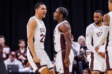 TUPELO, MS - December 14, 2024 - Mississippi State Guard Josh Hubbard (#12) and Mississippi State Forward RJ Melendez (#22) during the game between the McNeese State Cowboys and the Mississippi State Bulldogs at Cadence Bank Arena in Tupelo, MS. Photo By Mike Mattina