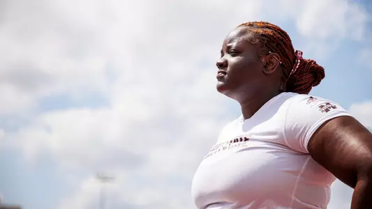 STARKVILLE, MS - March 24, 2023 - Mississippi State Thrower Tafada Wright during the Bulldog Relays at the Mike Sanders Track Complex in Starkville, MS. Photo By Mike Mattina