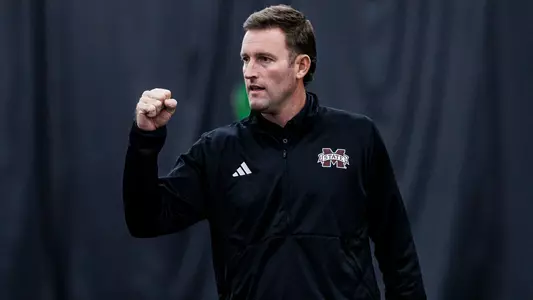 STARKVILLE, MS - January 19, 2024 - Mississippi State Head Coach Matt Roberts during the match between the Tennessee State Tigers and the Mississippi State Bulldogs at the Rula Tennis Pavilion in Starkville, MS. Photo By Ivy Rose Ball