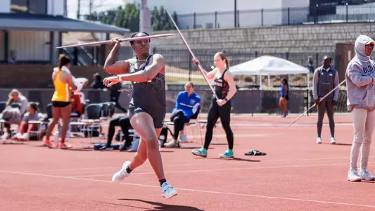 STARKVILLE, MS - March 23, 2024 - Mississippi State Javelin Thrower G’Shan Brown during the Alumni Bulldog Relays at the Mike Sanders Track Complex in Starkville, MS. Photo By Jhordyn Stallworth