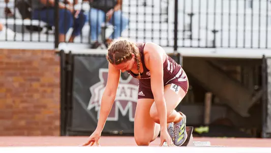 STARKVILLE, MS - April 26, 2024 - Mississippi State Hurdler Anje Nel during the Maroon and White Invitational at the Mike Sanders Track Complex in Starkville, MS. Photo By Mike Mattina