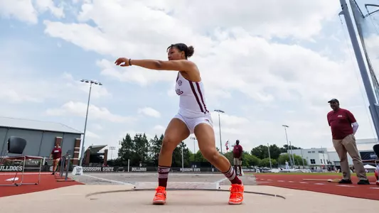 STARKVILLE, MS - April 27, 2024 - Mississippi State Thrower Meagan Womack during the Maroon and White Invite at the Mike Sanders Track Complex in Starkville, MS. Photo By Jhordyn Stallworth