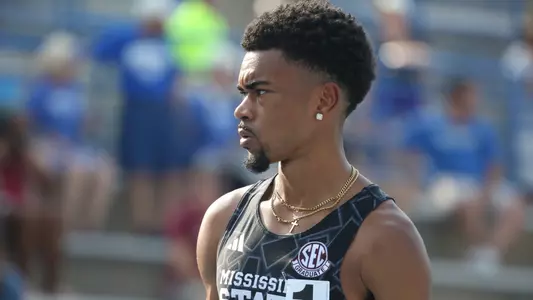 Z GAINESVILLE, FL - May 09, 2024 - Mississippi State Sprinter Omari Hammond during the 2024 SEC Track & Field Championships at James G. Pressly Stadium at Percy Beard Track in Gainesville, FL. Photo By Chris Bott