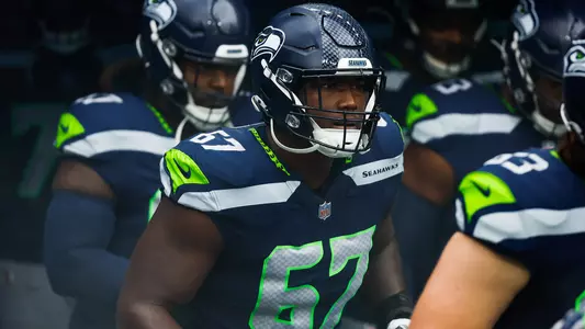 Nov 12, 2023; Seattle, Washington, USA; Seattle Seahawks offensive tackle Charles Cross (67) exits the locker room before a game against the Washington Commanders at Lumen Field. Mandatory Credit: Joe Nicholson-USA TODAY Sports