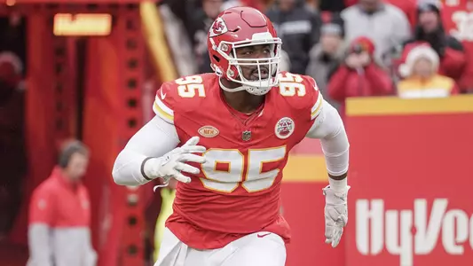 Dec 25, 2023; Kansas City, Missouri, USA; Kansas City Chiefs defensive tackle Chris Jones (95) is introduced against the Las Vegas Raiders prior to a game at GEHA Field at Arrowhead Stadium. Mandatory Credit: Denny Medley-USA TODAY Sports
