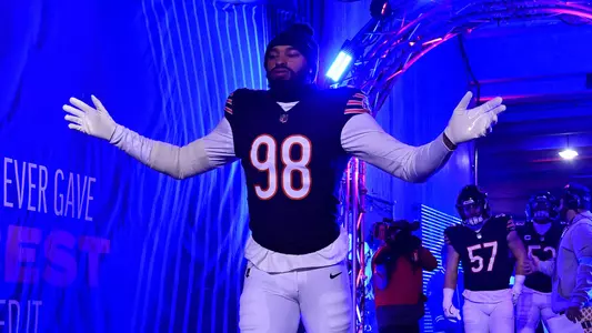 Dec 26, 2024; Chicago, Illinois, USA; Chicago Bears defensive end Montez Sweat (98) enters the field before the game against the Seattle Seahawks at Soldier Field. Mandatory Credit: Daniel Bartel-Imagn Images