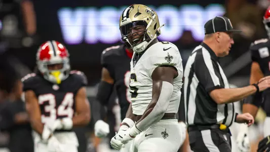 Sep 29, 2024; Atlanta, Georgia, USA; New Orleans Saints linebacker Willie Gay (6) reacts after a tackle against the Atlanta Falcons in the first quarter at Mercedes-Benz Stadium. Mandatory Credit: Brett Davis-Imagn Images