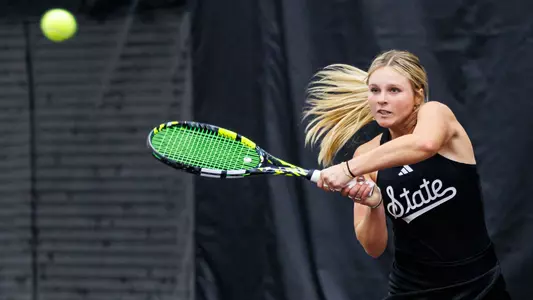 STARKVILLE, MS - January 13, 2024 - Mississippi State's Jayna Clemens during the match between the Middle Tennessee State Lightning and the Mississippi State Bulldogs at the Rula Tennis Pavilion in Starkville, MS. Photo By Bailey Black