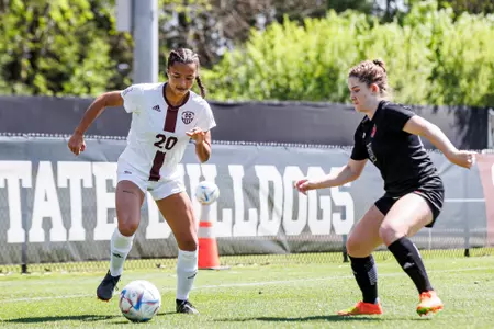 STARKVILLE, MS - April 01, 2023 - Mississippi State Defender Allison Kolski (#20) during the match between the UL Lafayette Ragin Cajuns and the Mississippi State Bulldogs at the MSU Soccer Field in Starkville, MS. Photo By Mike Mattina
