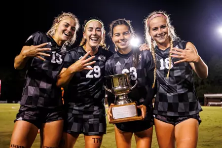 STARKVILLE, MS - October 08, 2023 - Mississippi State Forward Morgan English (#13), Mississippi State Forward Aitana Martinez-Montoya (#29), Mississippi State Midfielder Ilana Izquierdo (#23) and Mississippi State Forward Sutton Webb (#18) during the match between the Ole Miss Rebels and the Mississippi State Bulldogs at the MSU Soccer Field in Starkville, MS. Photo By Mike Mattina