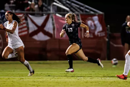 TUSCALOOSA, AL - October 22, 2023 - Mississippi State Forward Morgan English (#13) during the match between the Alabama Crimson Tide and the Mississippi State Bulldogs at the Alabama Soccer Complex in Tuscaloosa, AL. Photo By Mike Mattina