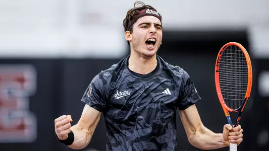 STARKVILLE, MS - February 11, 2024 - Mississippi State's Nemanja Malesevic during the match between the VCU Rams and the Mississippi State Bulldogs at the Rula Tennis Pavilion in Starkville, MS. Photo By Ivy Rose Ball