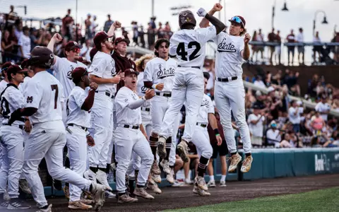 STARKVILLE, MS - May 20, 2023 - Mississippi State Outfielder Dakota Jordan (#42) and team during the game between the Texas A&M Aggies and the Mississippi State Bulldogs at Dudy Noble Field at Polk-Dement Stadium in Starkville, MS. Photo By Jaden Powell