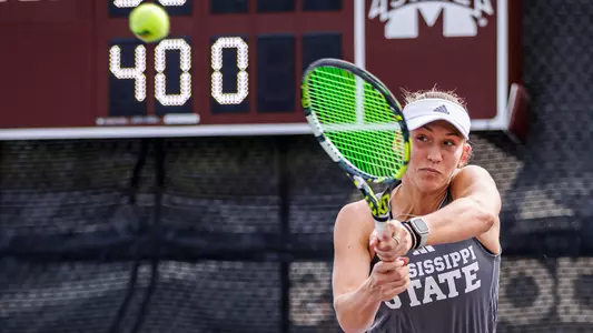 STARKVILLE, MS - February 03, 2024 - Mississippi State's Alexandra Mikhailuk during the match between the UAB Blazers and the Mississippi State Bulldogs at the AJ Pitts Tennis Centre in Starkville, MS. Photo By Will Porada