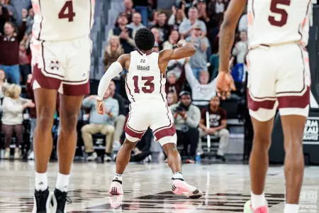 STARKVILLE, MS - February 17, 2024 - Mississippi State Guard Josh Hubbard (#13) during the game between the Arkansas Razorbacks and the Mississippi State Bulldogs at Humphrey Coliseum in Starkville, MS. Photo By Mike Mattina