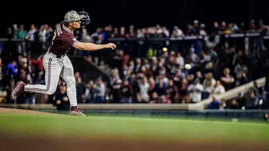 STARKVILLE, MS - February 16, 2024 - Mississippi State Pitcher Cam Schuelke (#2) during the game between the Air Force Falcons and the Mississippi State Bulldogs at Dudy Noble Field at Polk-Dement Stadium in Starkville, MS. Photo By Jaden Powell