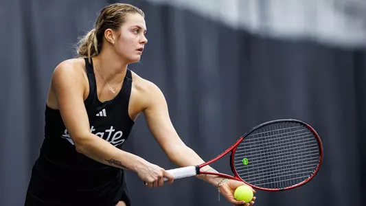 STARKVILLE, MS - January 13, 2024 - Mississippi State's Chloé Cirotte during the match between the Middle Tennessee State Lightning and the Mississippi State Bulldogs at the Rula Tennis Pavilion in Starkville, MS. Photo By Bailey Black