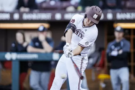 STARKVILLE, MS - February 20, 2024 - Mississippi State Infielder/Outfielder Hunter Hines (#44) during the game between the Austin Peay Governors and the Mississippi State Bulldogs at Dudy Noble Field at Polk-Dement Stadium in Starkville, MS. Photo By Will Porada