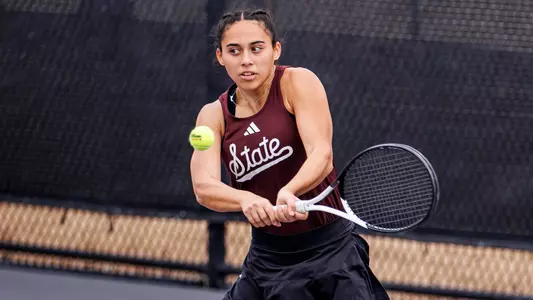 STARKVILLE, MS - February 16, 2024 - Mississippi State's Athina Pitta during the match between the Louisiana Ragin’ Cajuns and the Mississippi State Bulldogs at the AJ Pitts Tennis Centre in Starkville, MS. Photo By Mike Mattina