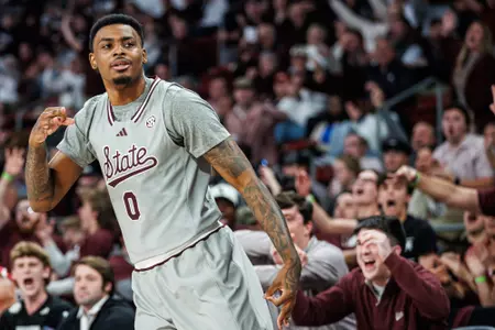 STARKVILLE, MS - February 21, 2024 - Mississippi State Forward DJ Jeffries (#0) during the game between the Ole Miss Rebels and the Mississippi State Bulldogs at Humphrey Coliseum in Starkville, MS. Photo By Bailey Black
