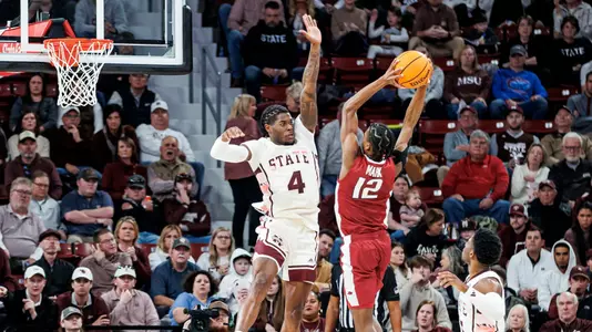 STARKVILLE, MS - February 17, 2024 - Mississippi State Guard/Forward Cameron Matthews (#4) during the game between the Arkansas Razorbacks and the Mississippi State Bulldogs at Humphrey Coliseum in Starkville, MS. Photo By Mike Mattina
