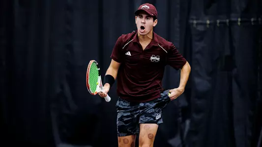 STARKVILLE, MS - February 09, 2024 - Mississippi State's Roberto Ferrer Guimaraes during the match between the North Florida Ospreys and the Mississippi State Bulldogs at the Rula Tennis Pavilion in Starkville, MS. Photo By Will Porada