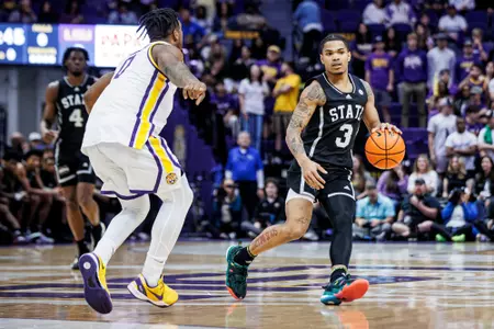 BATON ROUGE, LA - February 24, 2024 - Mississippi State Guard Shakeel Moore (#3) during the game between the LSU Tigers and the Mississippi State Bulldogs at Pete Maravich Assembly Center in Baton Rouge, LA. Photo By Mike Mattina