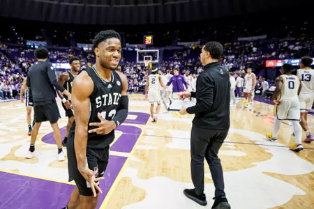BATON ROUGE, LA - February 24, 2024 - Mississippi State Guard Josh Hubbard (#13) during the game between the LSU Tigers and the Mississippi State Bulldogs at Pete Maravich Assembly Center in Baton Rouge, LA. Photo By Mike Mattina