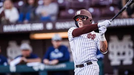 STARKVILLE, MS - February 24, 2024 - Mississippi State Catcher Joe Powell (#55) during the game between the Georgia Southern Eagles and the Mississippi State Bulldogs at Dudy Noble Field at Polk-Dement Stadium in Starkville, MS. Photo By Bailey Black