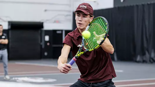 STARKVILLE, MS - January 28, 2024 - Mississippi State's Marshall Landry during the match between the Florida State Seminoles and the Mississippi State Bulldogs at the Rula Tennis Pavilion in Starkville, MS. Photo By Will Porada