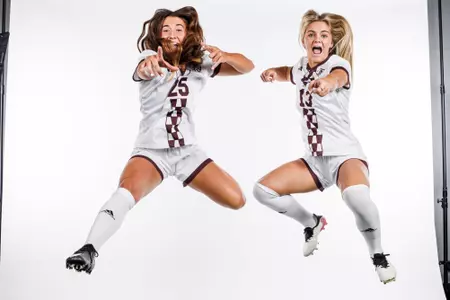 STARKVILLE, MS - July 28, 2023 - Mississippi State Defender Kelsey Clay (#25) and Mississippi State Forward Morgan English (#13) during 2023-2024 Soccer Production Day taken at the Holliman Athletic Center at Mississippi State University in Starkville, MS. Photo By Mike Mattina