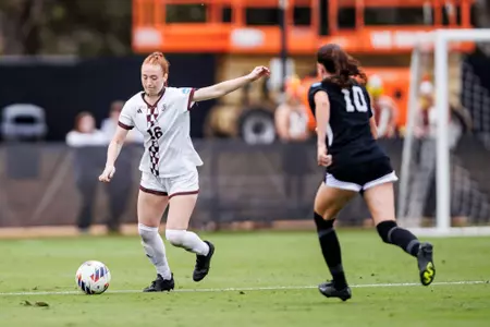 STARKVILLE, MS - November 11, 2023 - Mississippi State Defender Rylie Combs (#16) during the match between the Providence College Friars and the Mississippi State Bulldogs at the MSU Soccer Field in Starkville, MS. Photo By Bailey Black