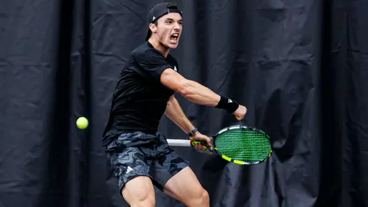 STARKVILLE, MS - February 09, 2024 - Mississippi State's Carles Hernandez during the match between the North Florida Ospreys and the Mississippi State Bulldogs at the Rula Tennis Pavilion in Starkville, MS. Photo By Will Porada