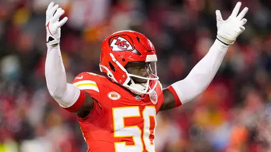 Jan 13, 2024; Kansas City, Missouri, USA; Kansas City Chiefs linebacker Willie Gay (50) celebrates during the second half of a 2024 AFC wild card game against the Miami Dolphins at GEHA Field at Arrowhead Stadium. Mandatory Credit: Jay Biggerstaff-USA TODAY Sports