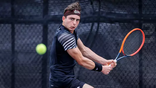 STARKVILLE, MS - March 03, 2024 - Mississippi State's Nemanja Malesevic during the match between the Georgia Bulldogs and the Mississippi State Bulldogs at the AJ Pitts Tennis Centre in Starkville, MS. Photo By Will Porada
