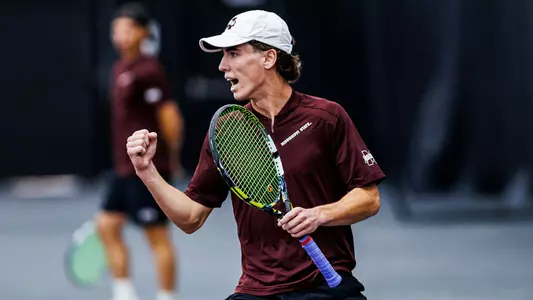 STARKVILLE, MS - January 14, 2024 - Mississippi State's Marshall Landry during the match between the Chattanooga Mocs and the Mississippi State Bulldogs at the Rula Tennis Pavilion in Starkville, MS. Photo By Bailey Black