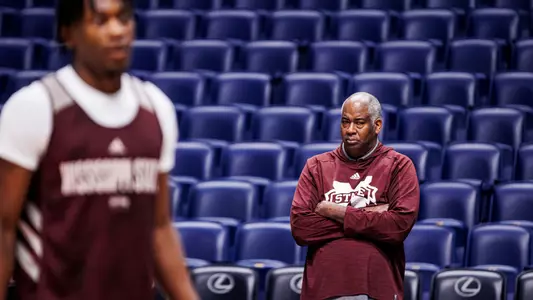 NASHVILLE, TN - March 13, 2024 - Mississippi State's George Brooks during shoot around before the game between the LSU Tigers and the Mississippi State Bulldogs during the SEC Tournament at Bridgestone Arena in Nashville, TN. Photo By Mike Mattina