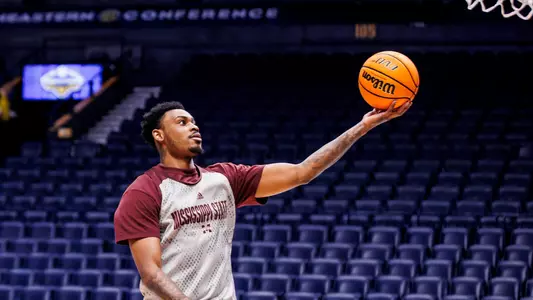 NASHVILLE, TN - March 13, 2024 - Mississippi State Forward DJ Jeffries (#0) during shoot around before the game between the LSU Tigers and the Mississippi State Bulldogs during the SEC Tournament at Bridgestone Arena in Nashville, TN. Photo By Mike Mattina