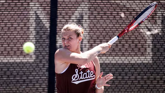 STARKVILLE, MS - March 10, 2024 - Mississippi State's Chloé Cirotte during the match between the LSU Tigers and the Mississippi State Bulldogs at the AJ Pitts Tennis Centre in Starkville, MS. Photo By Mike Mattina
