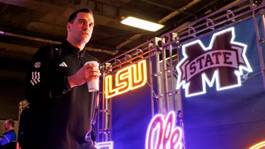 NASHVILLE, TN - March 14, 2024 - Mississippi State Assistant Coach James Miller before the game between the LSU Tigers and the Mississippi State Bulldogs before the SEC Tournament at Bridgestone Arena in Nashville, TN. Photo By Mike Mattina