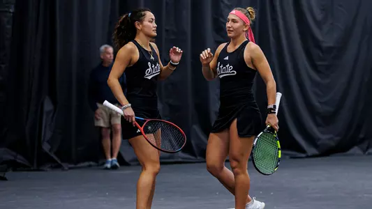 STARKVILLE, MS - February 04, 2024 - Mississippi State's Maria Rizzolo and Mississippi State's Alexandra Mikhailuk during the match between the Belmont Bruins and the Mississippi State Bulldogs at the Rula Tennis Pavilion in Starkville, MS. Photo By Aniyah Mills